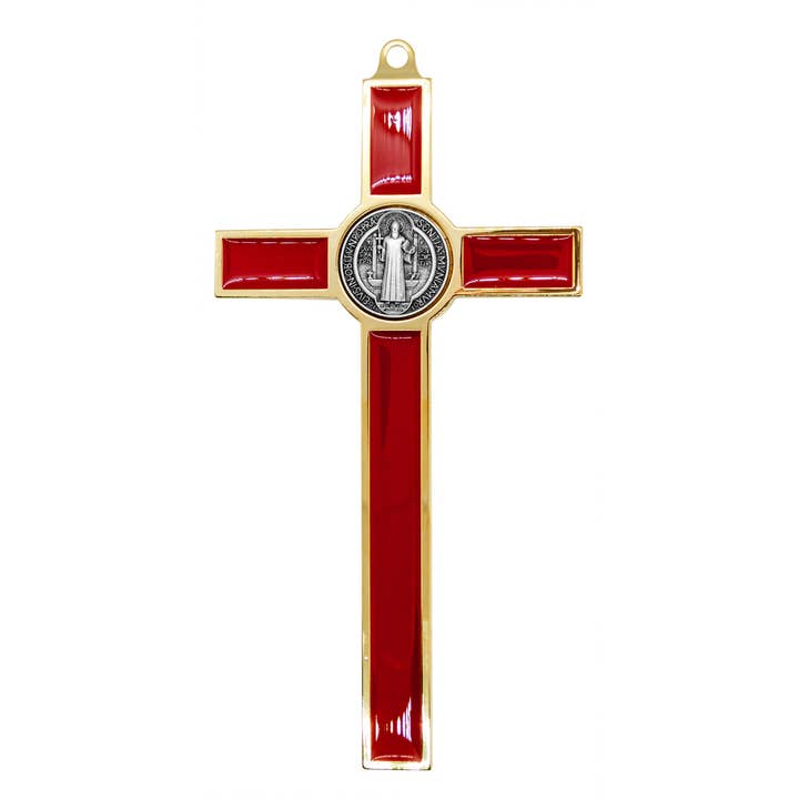 Village Gift Importers - Wholesale Wall Cross - 8.75" Gold-Tone St. Benedict Crucifix with Colored Enamel1