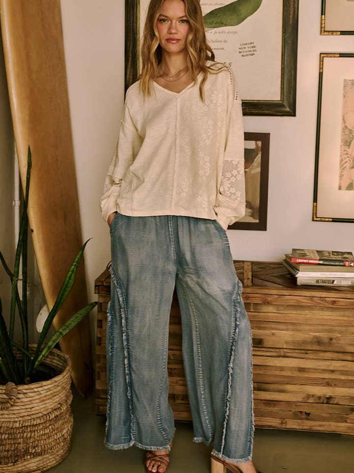 WASHED CHAMBRAY SMOCKED FRINGE WIDE LEG PANTS for wholesale by mittoshop