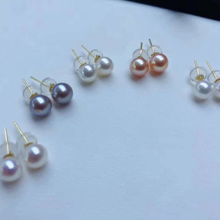 G18K Solid Gold Classic Top Grade & Luster Round Freshwater Pearl Studs Earrings for wholesale by Timeless Pearl