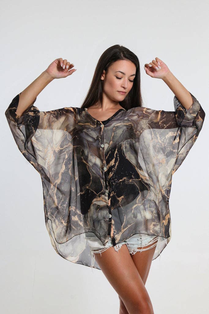 TINA Stephens Italy/Tees By Tina – Engroshandel Skjorte med buttondown – til kvinder – Rosana Marmor Silke Sheer Bluse m/Tank (BQ240M)1