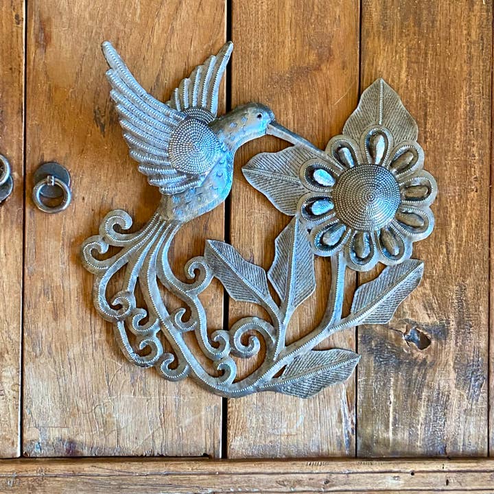 Haiti Fair Trade~ It's Cactus - Wholesale Wall Accent - 11" Blooming Flower with Hummingbird Haitian Metal Wall Art