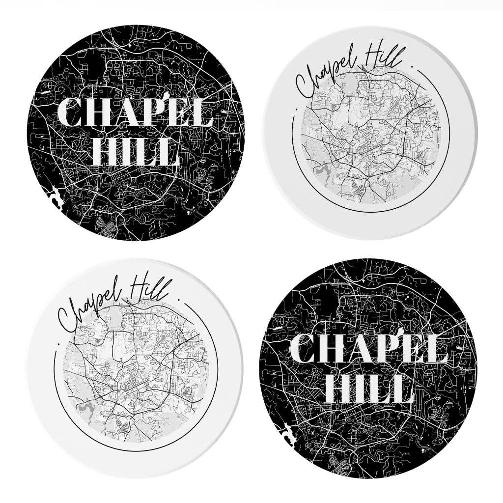 Love Local - Wholesale Coasters - Minimalistic B&W North Carolina Chapel Hill Maps | Absorbent Coasters | Set of 4 | Min 20