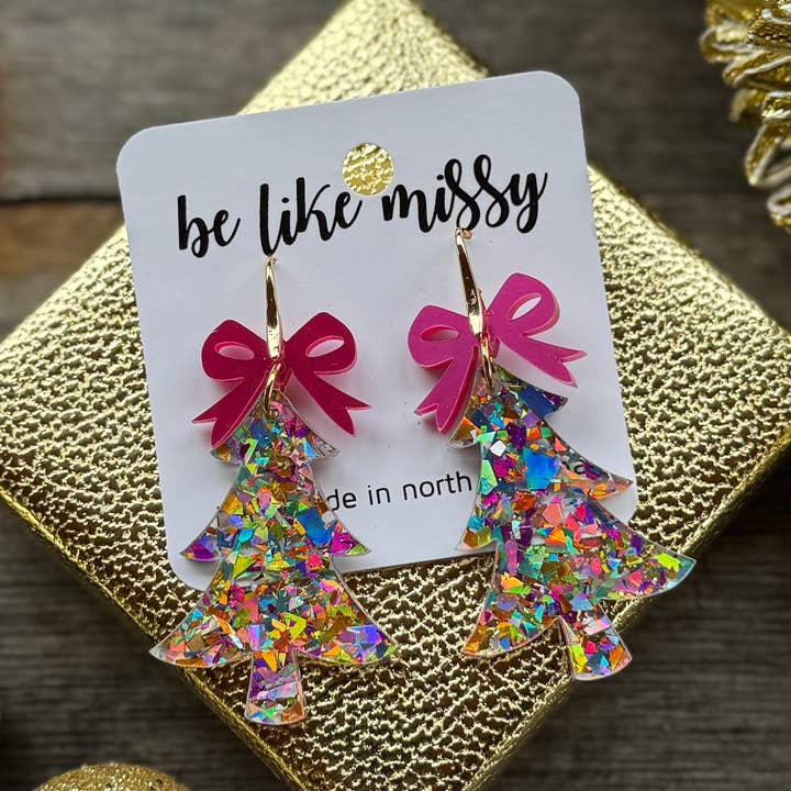 Christmas Tree Earrings - Disco Glitter with Bows for wholesale by Be Like Missy