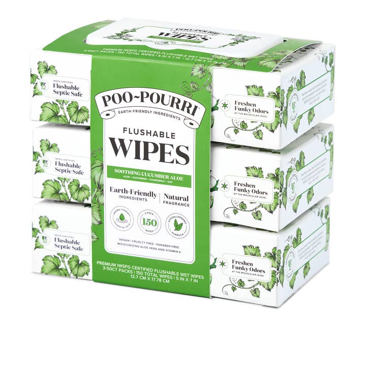 ~Pourri - Wholesale Face & Body Wipes - Cucumber Aloe Poo~Pourri Flushable Wipes 3-Pk (150 wipes)