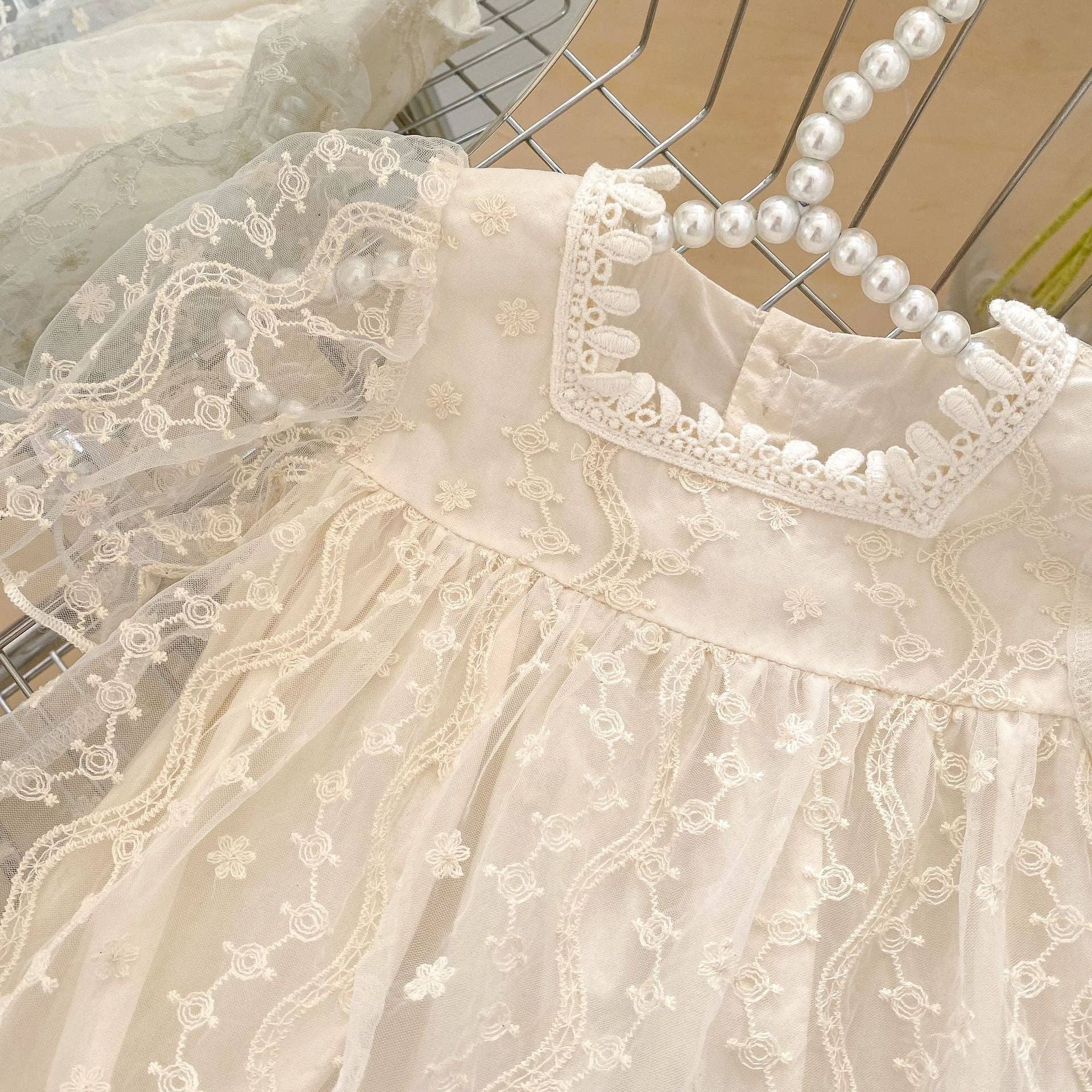 White Baby Girl Solid Color Floral Embroidered Mesh Design Princess Dress for wholesale on Faire4