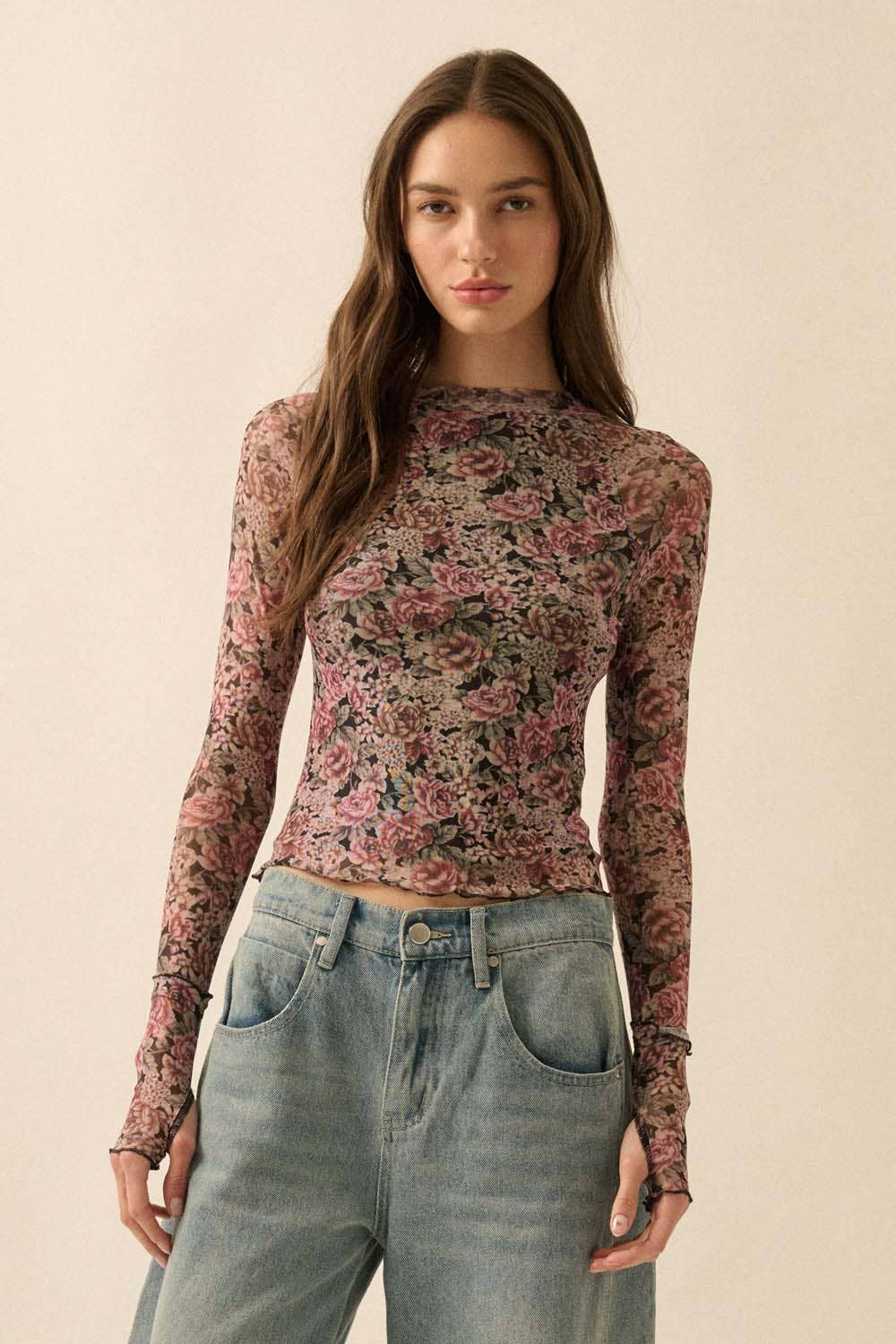 Promesa USA - Wholesale Knit Top - Women's - Floral-Print Mesh Thumbhole Mock-Neck Top14