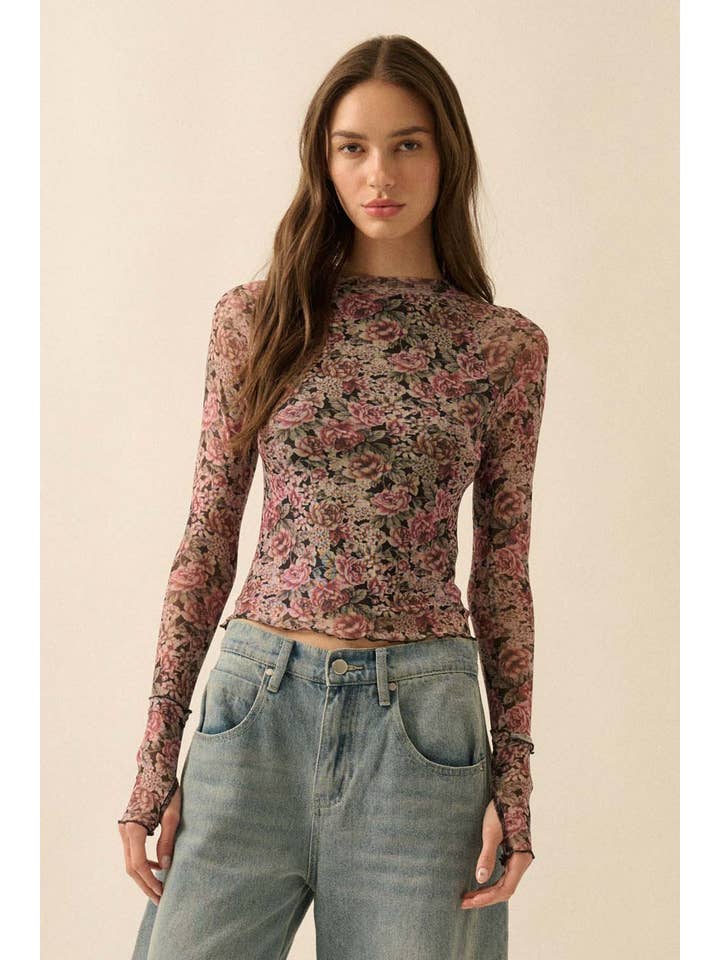 Promesa USA - Wholesale Knit Top - Women's - Floral-Print Mesh Thumbhole Mock-Neck Top14
