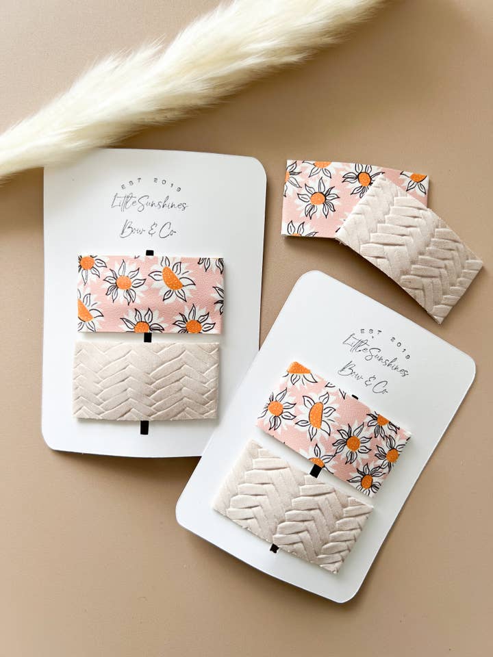 Pink Sunflower Snap Leather Clips- Set of 2 for wholesale by Little Sunshines Bow & Co