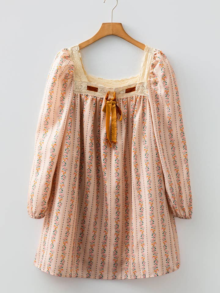 Khaki Floral Print Contrast Velvet Bow Lace Patchwork Long Sleeve Loose Mini Dress for wholesale on Faire3