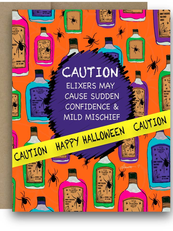 Funny Potion Halloween Card – A2 Greeting Card with Colorful Elixir Bottles and Caution Tape – Sudden Confidence and Mild Mischief for wholesale by Color Crumbs Club