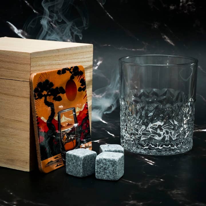Sostraw & SmartThings - Wholesale Cocktail/Liquor Glass - Japanese Glass - Gift Box + Granite Ice Cubes + Coaster |3291