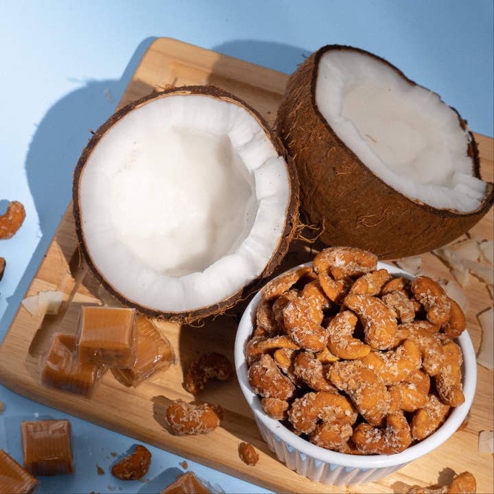 Earthside Farms – wholesale Nötter – Kokosnöt Karamell Cashewnötter Veganska Kanderade Nötter 1 oz Snackförpackning