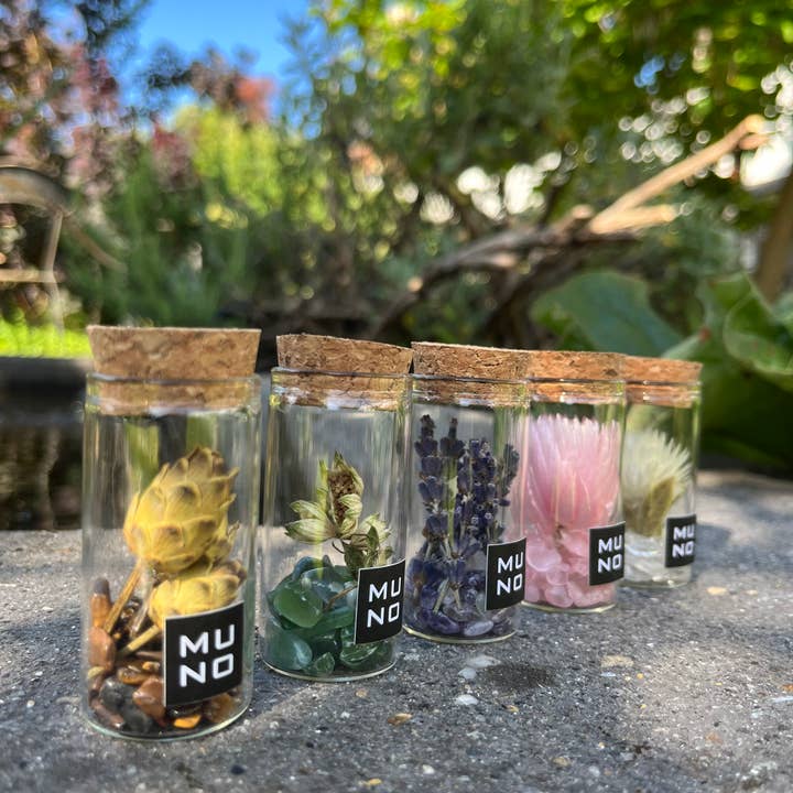 Muno - Wholesale Decorative Tabletop Object - Set of 5 glass tubes with gems and dried flowers2