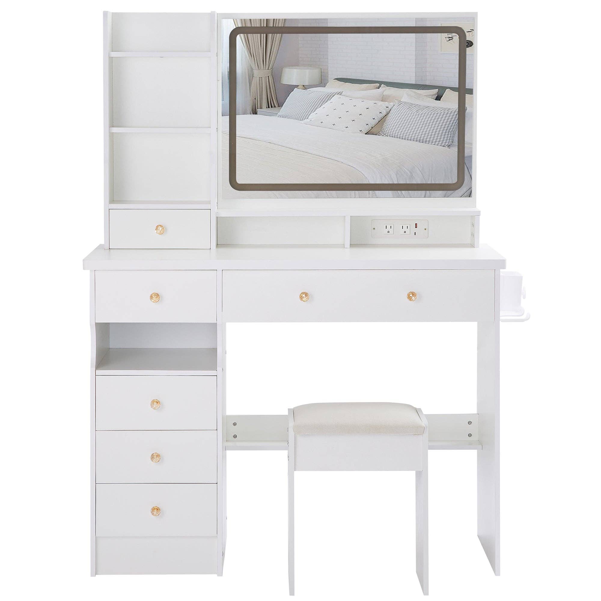 39F Inc. - Vente Miroir de courtoisie - Ensemble de coiffeuse blanche de 41'' avec station d'alimentation et miroir LED14