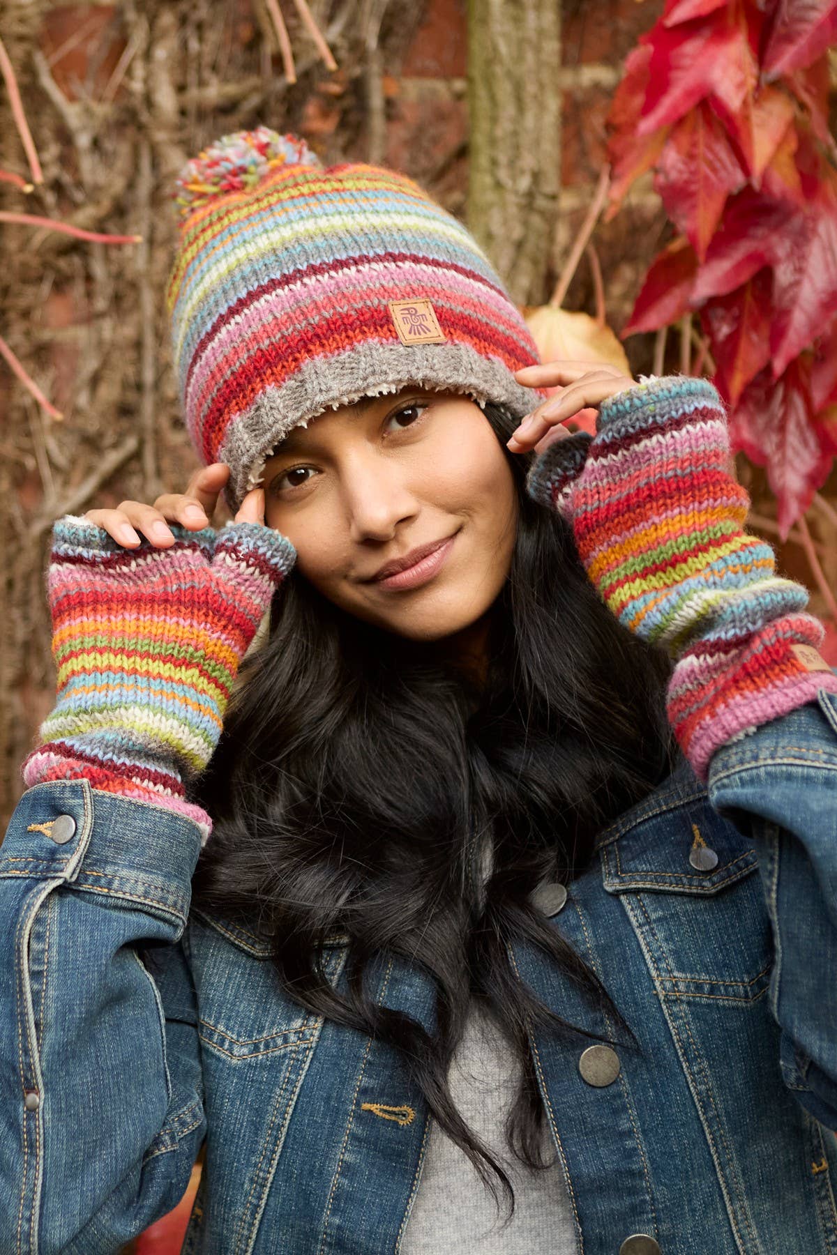 Handwarmer Seville Knit Fingerless Gloves Sunset Striped Sherpa Fleece for wholesale on Faire4