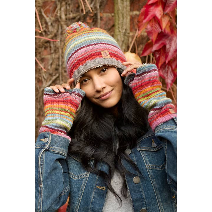 Handwarmer Seville Knit Fingerless Gloves Sunset Striped Sherpa Fleece for wholesale on Faire4