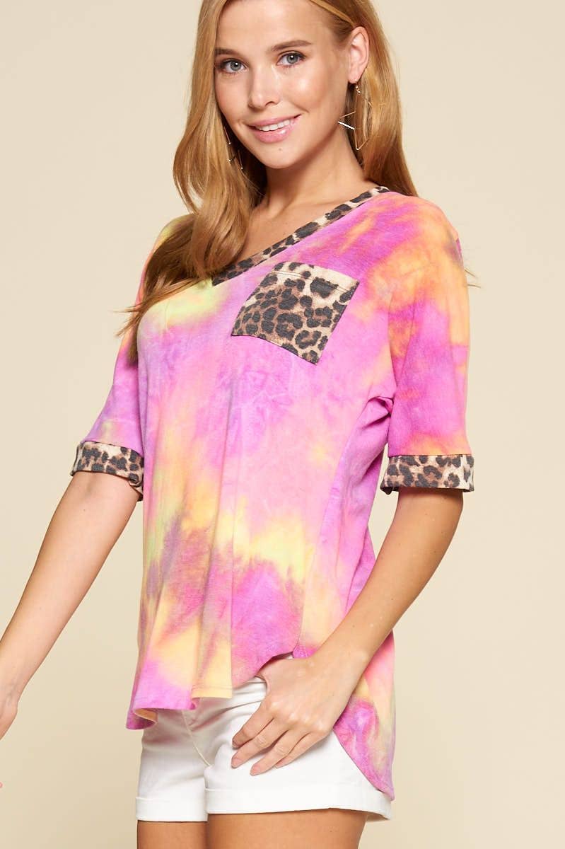 Fuchsia ETK-7991 Tie Dye V Neck Animal Print Pocket Top for wholesale on Faire3