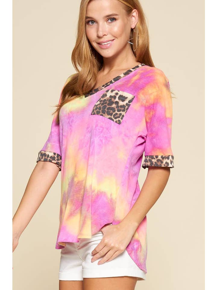 Fuchsia ETK-7991 Tie Dye V Neck Animal Print Pocket Top for wholesale on Faire3