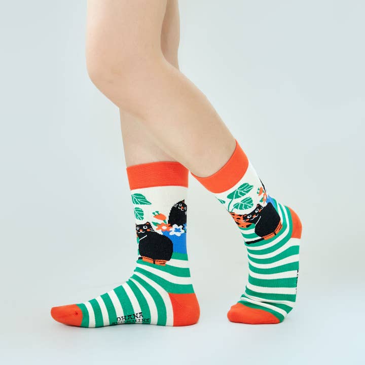 Green Whiskers Crew Socks | Plants & Cats | Soft Combed Cotton for wholesale by Ohana Sunshine