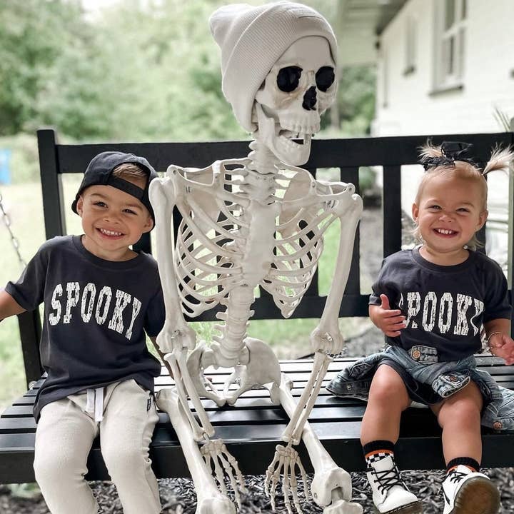 Spooky Distressed Child Ribbed Neck Tee - White Design for wholesale by Merce and Company