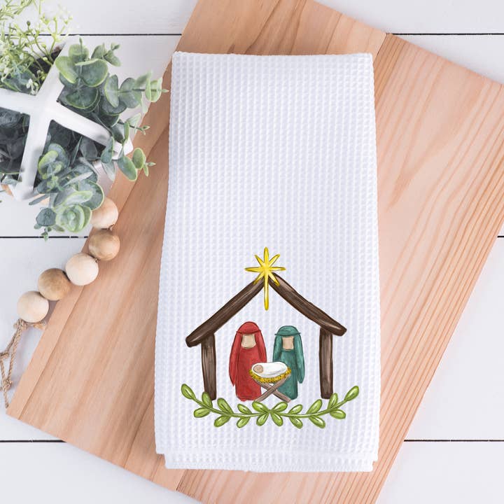 Painted Manger Christmas Waffle Weave Kitchen Dish Towel for wholesale by Painted Skies