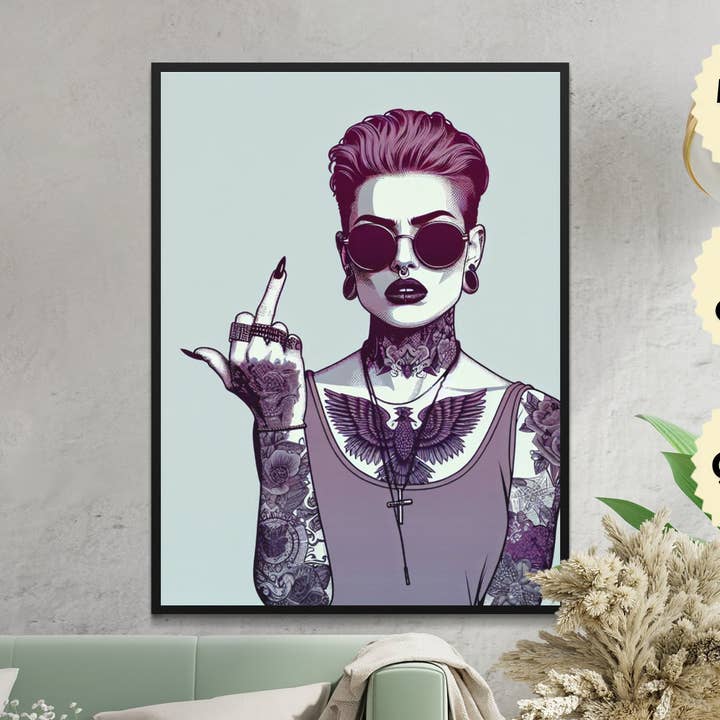 Edgy Tattooed Woman Art Print - Rockabilly Fashion Canvas Poster - Feminine Power Home Decor - Stylish Wall Art for Modern Interiors for wholesale by FreakyTeeFactory