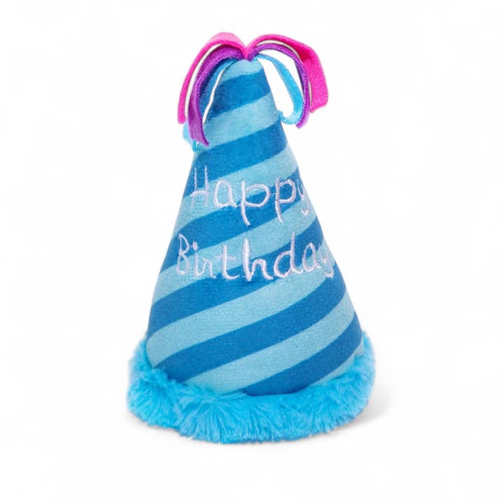 Squeaky Blue Birthday Hat Dog Toy for wholesale by Glow Pups