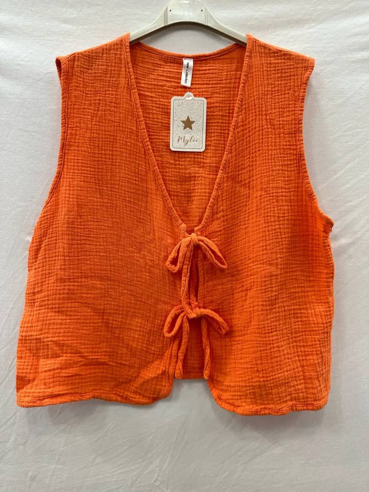 Mimi & Gogo - Wholesale Outerwear Vest - Women's - Cotton gauze tie-front top cardigan @59309_GANouer