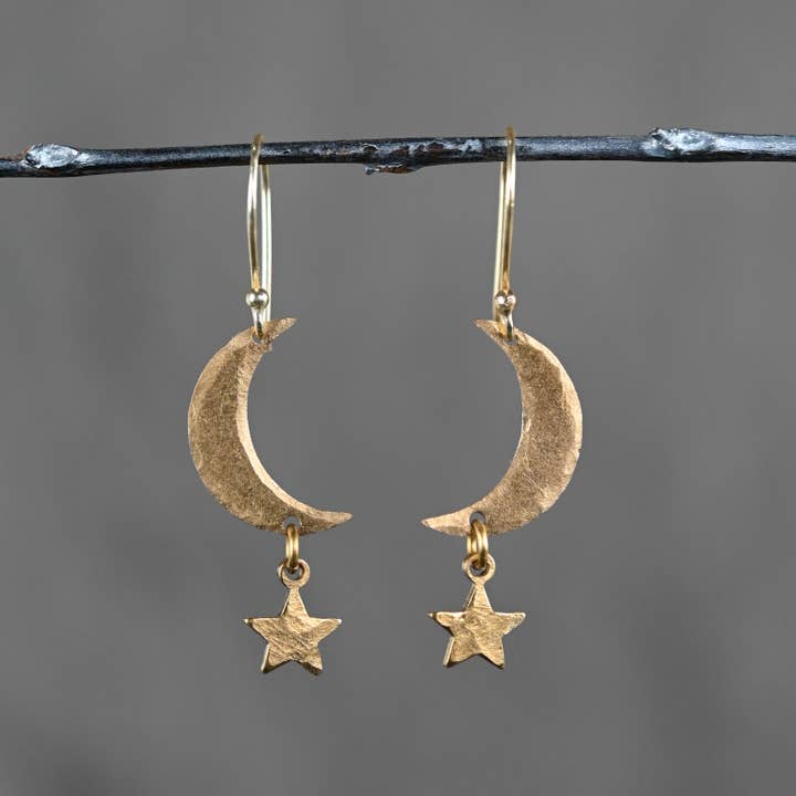 KBD Studio - Wholesale Dangle Earrings - Brass Hammered Moon & Stars