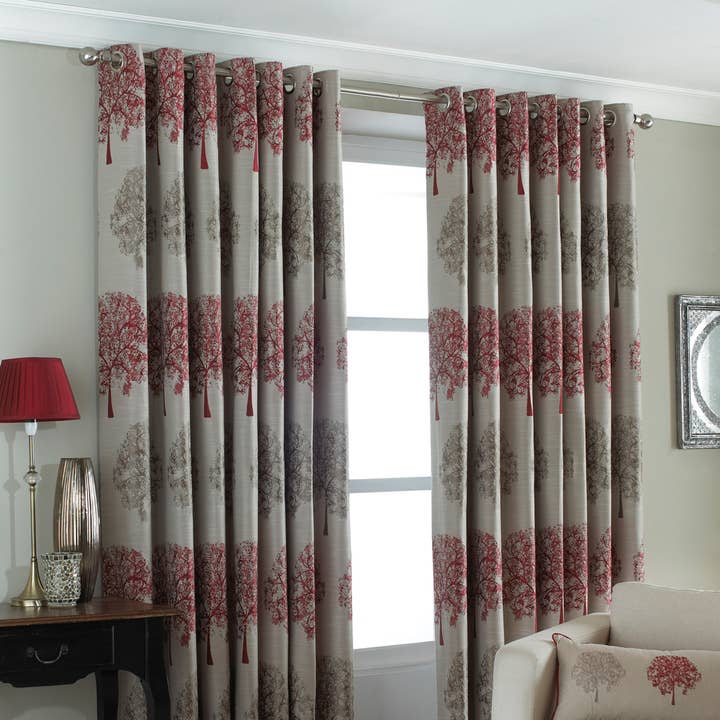 Oakdale Tree Motif Eyelet Curtains Red for wholesale on Faire