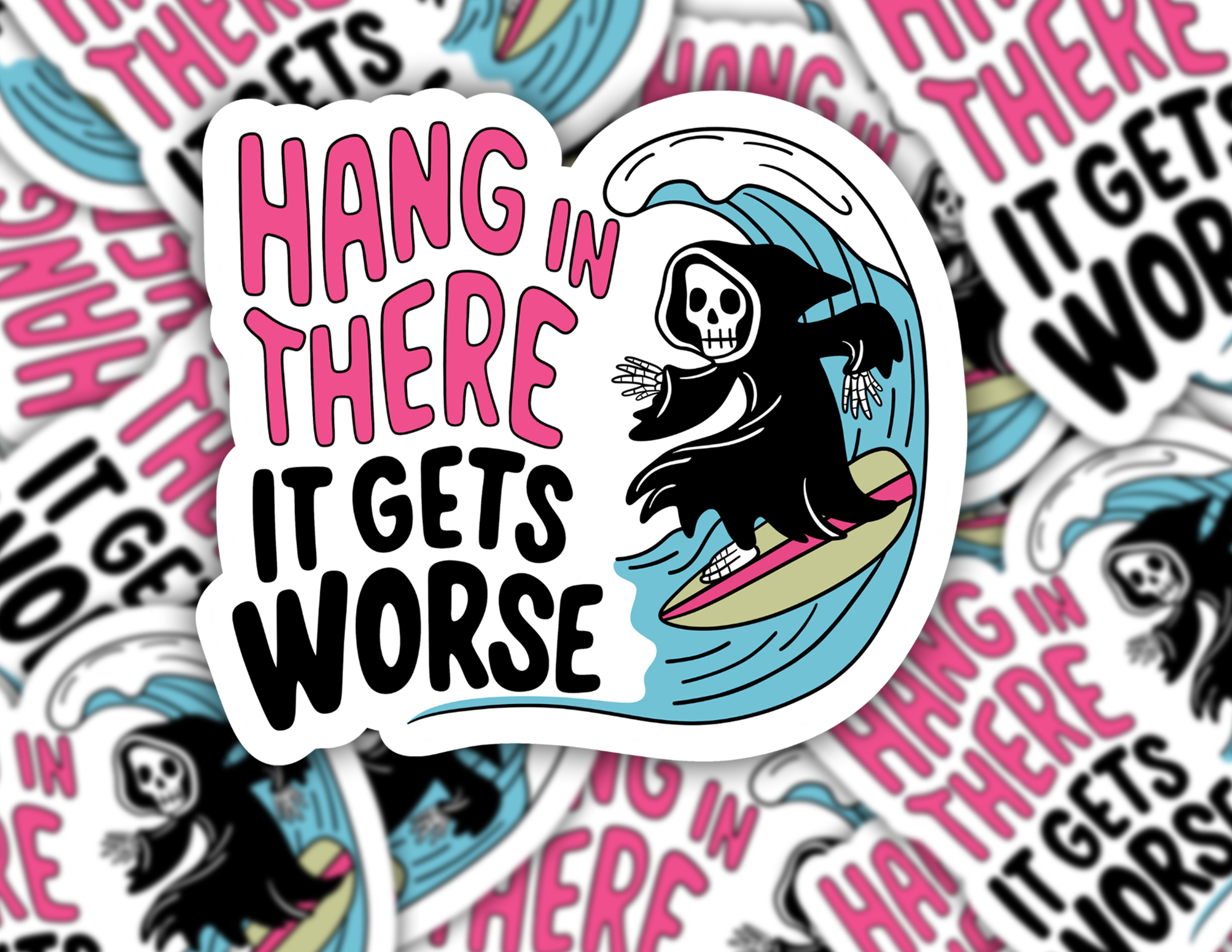 Grumpy Greetings Co. - Wholesale Sticker - Hang In There, It Gets Worse Surfing Skeleton Sticker0