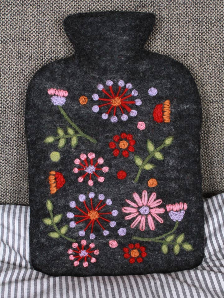 Lugano Embroidered Flowers Felt Wool Hot Water Bottle Cover for wholesale by Pachamama Ltd