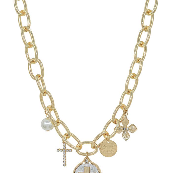 What's Hot - Wholesale Pendant/Charm Necklace - Gold Open Chain with Coin, Cross and Pearl Charm 16"-18" Necklace