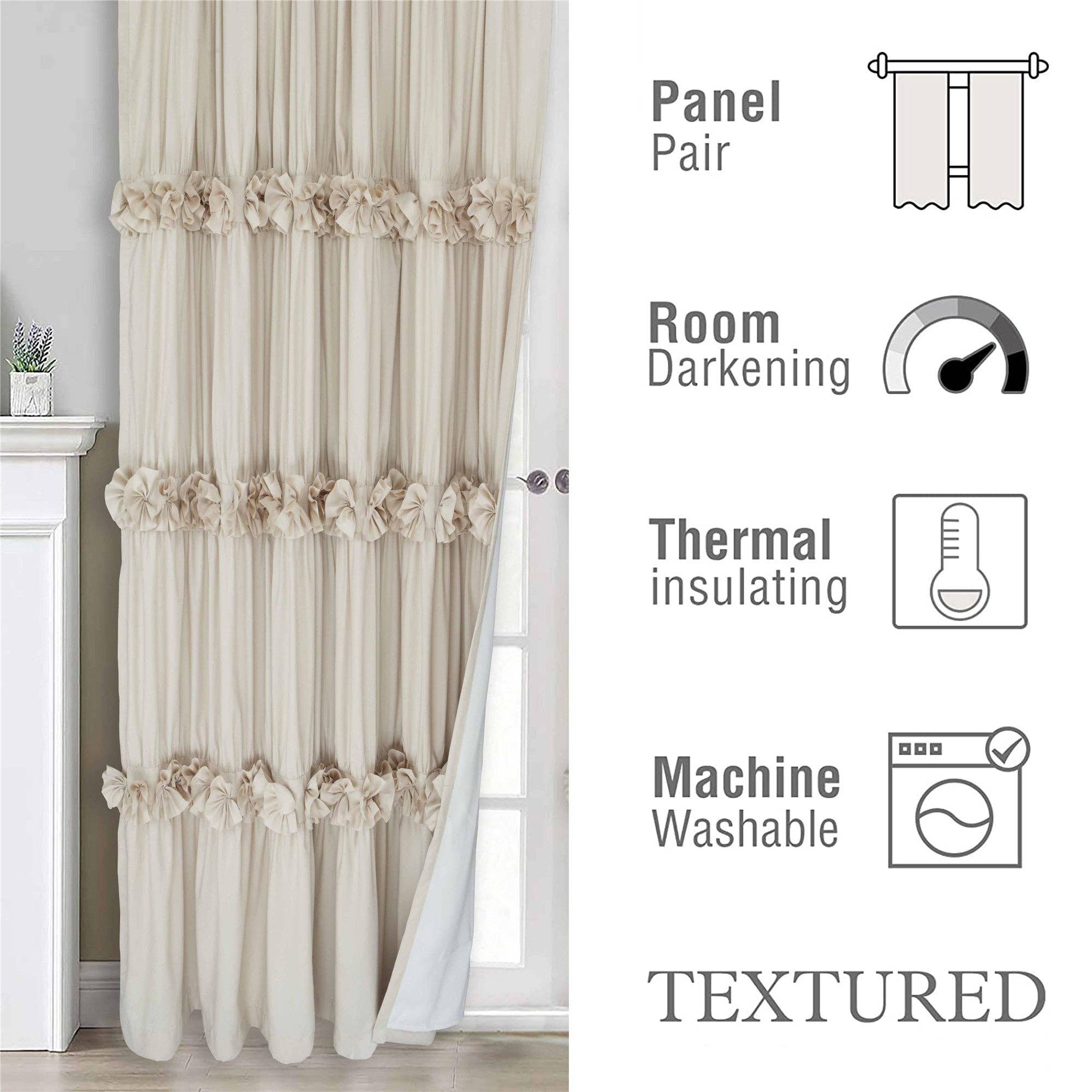 HIG - Wholesale Curtain - Farmhouse Ruffle Window Curtains with Blackout Liner Handmade Bow Ties Drapes 2 Panels Set, 54"W x 84"L12