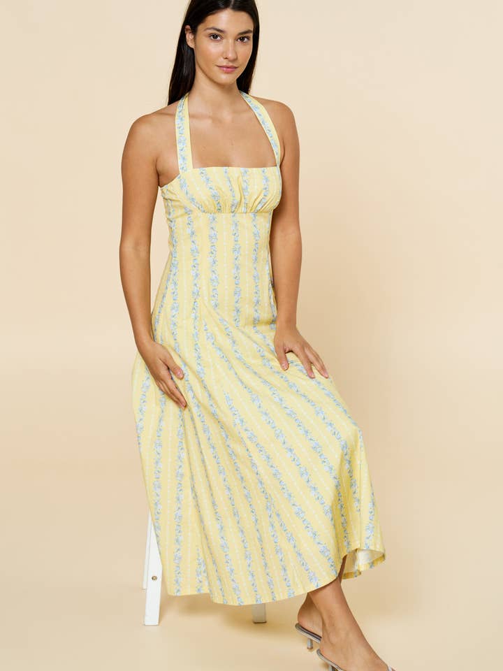 Floral Stripe Halter Fit & Flair Midi Dress for wholesale by Lalavon