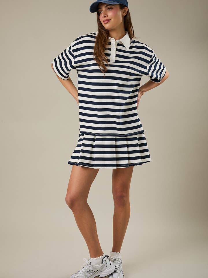 MID RISE ELASTIC WAIST BAND STRIPE TERRY PLEATED MINI SKORT for wholesale by Sunday Edition