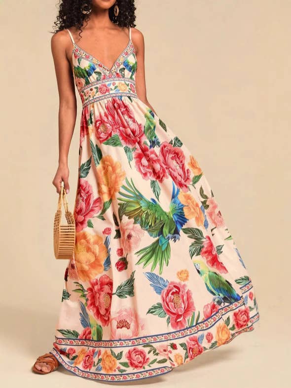 Multi Verona Macaw & Peony Floral print resort strappy sundress for wholesale on Faire1