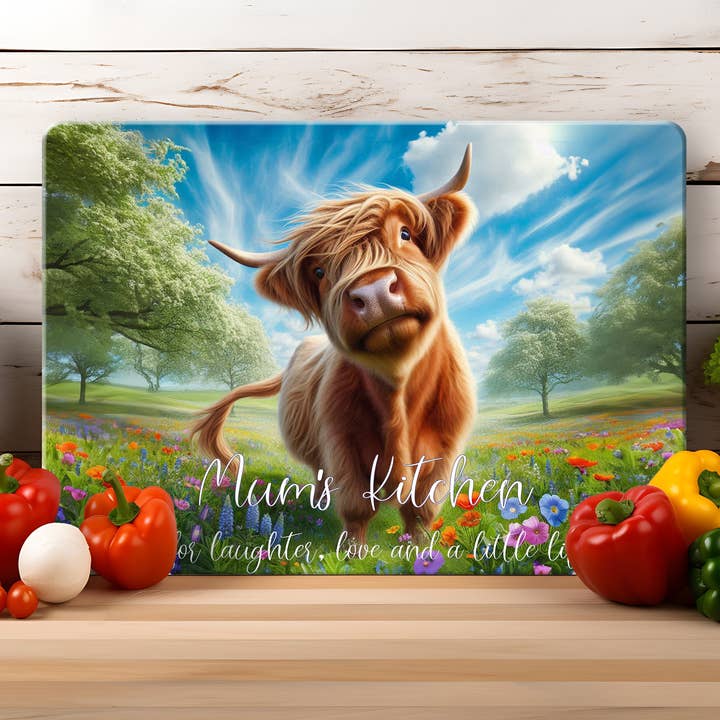 Mum's Kitchen Highland Cow Glass Cutting Board for wholesale by Noble & Page