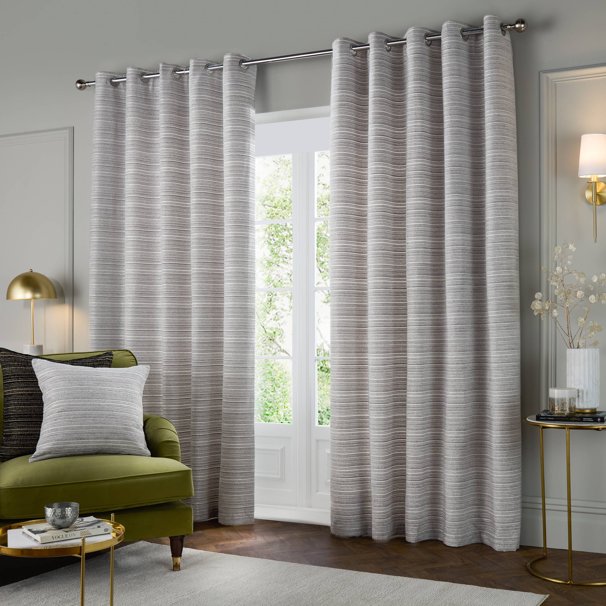 Jupiter Chenille Jacquard Eyelet Curtains Silver for wholesale on Faire1
