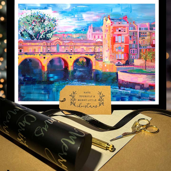 All Wrapped Up, Bath Print, Pulteney Bridge, Bath Weir, Bath Secret Santa for wholesale by The Fine Artist