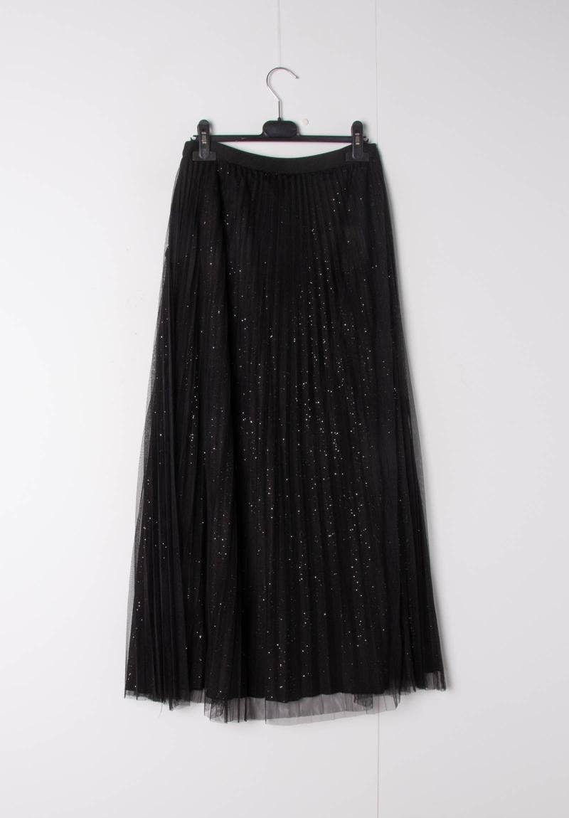 Svart Lång glansig plisserad kjol med volang och vändbar tyll för wholesale på Faire1