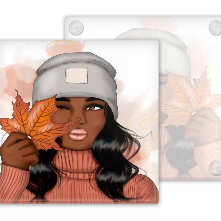 Afrocentric Woman Autumn Glass Coasters, Set of 4 for wholesale by M&K Creative Designs
