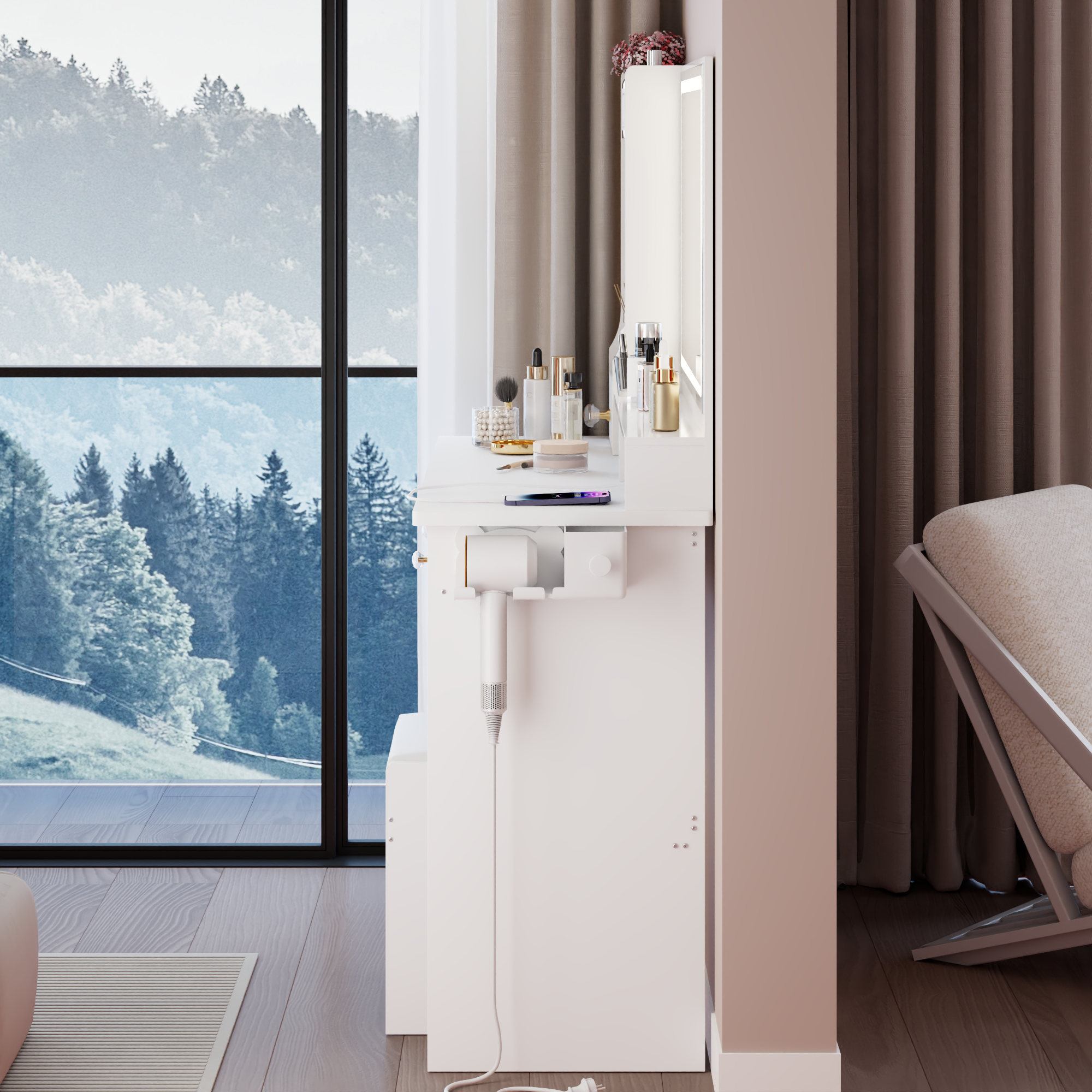 39F Inc. - Vente Miroir de courtoisie - Ensemble de coiffeuse blanche de 41'' avec station d'alimentation et miroir LED7