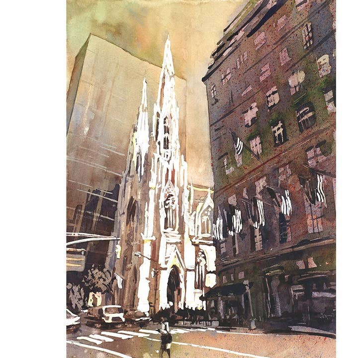 St. Patricks Cathedral in New York City fine art watercolor. Church painting watercolor NYC fine art print giclee landscape painting (print) for wholesale by Ryan Fox Fine Art