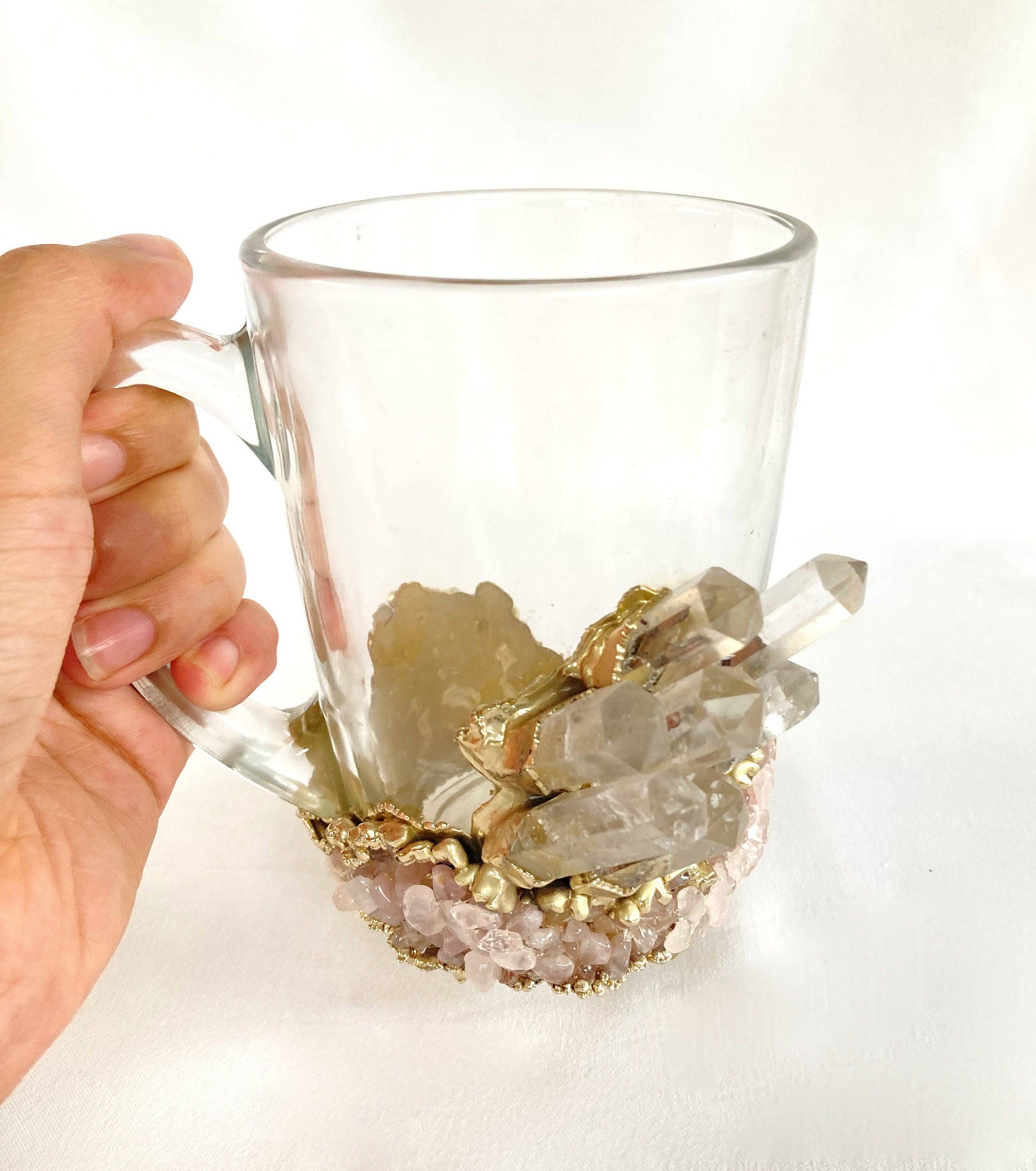 The Tangerine Store - Wholesale Coffee Mug - Set of 2 |Crystal Glass Coffee/Tea/Juice Mugs with Gold Plated Clear Crystal and Rose Quartz Agate Semi-precious Crystals | 11 oz/320 ml3