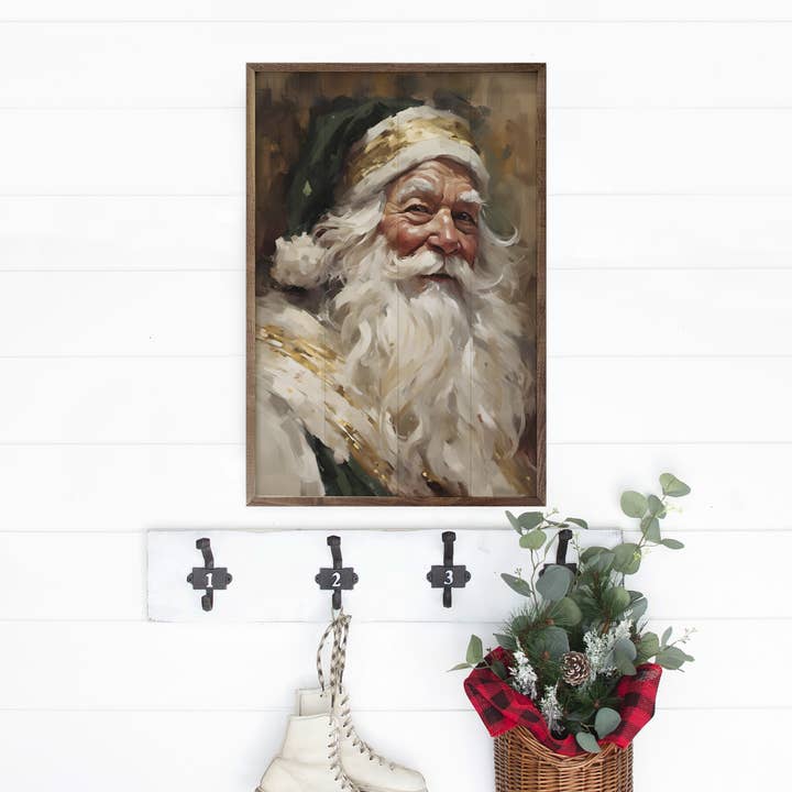 Kendrick Home - Wholesale Christmas Wall Art - Santa In Green With Gold
