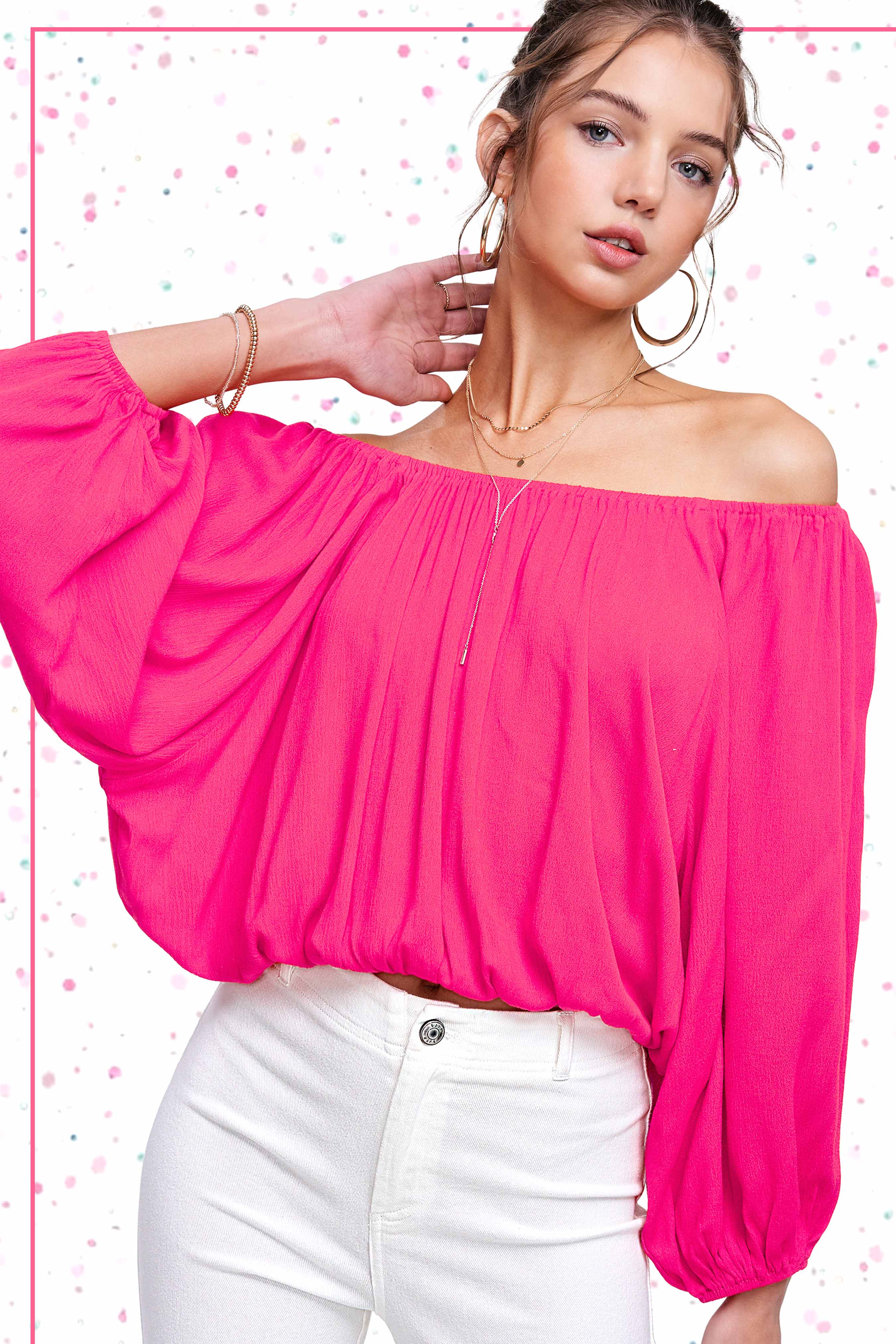 La Miel – Engroshandel Bluse - Dame – HAT7501-Åndbar top med ballonærmer uden skulder9