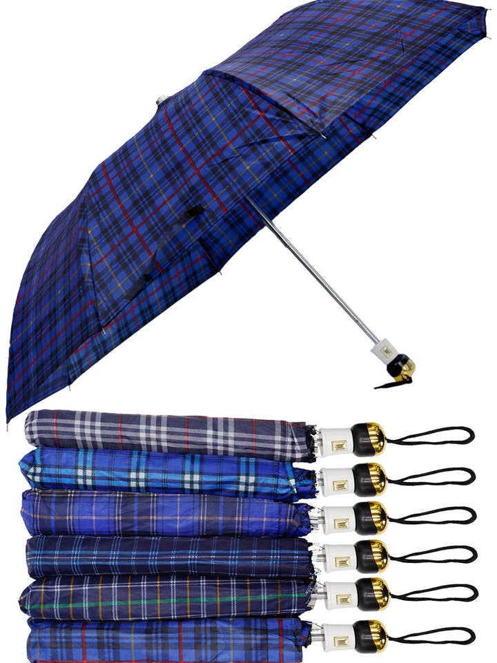 Plaid Auto Open Bi-Fold Compact Umbrella for wholesale by Cap Zone