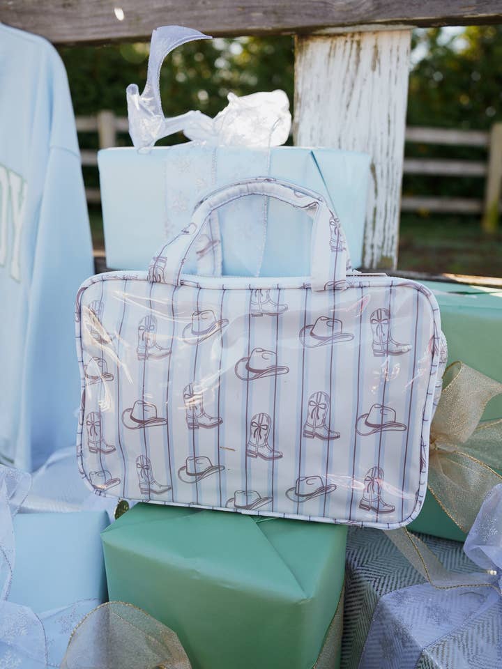 Trousse de toilette à rayures bleues occidentales - Revêtement transparent pour la vente par KENZKUSTOMZ