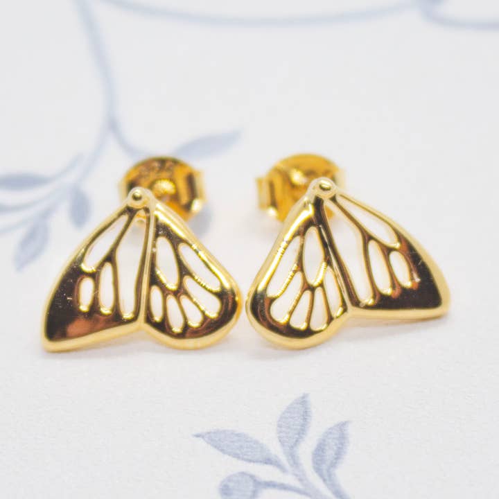 18 Karat Gold Plated Butterfly Wing Stud Earrings for wholesale by Jill Mac Jewelry